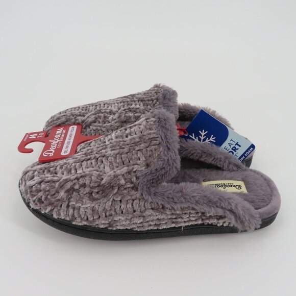 Dearfoams Women Medium 7-8 Grey Chenille Cable Knit Faux Fur Slide Slippers NEW - Picture 4 of 13